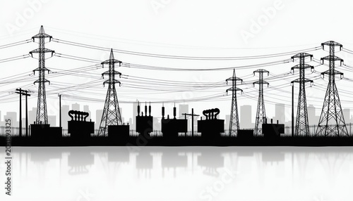 Black silhouettes of electric power transmission towers, transformers against bright sky. City buildings are in background. Power lines crisscross above industrial equipment. Reflective surface below.