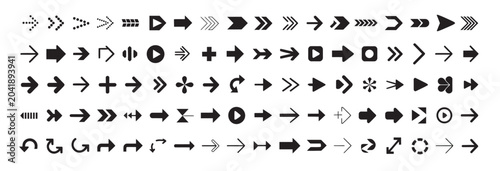 Large collection of diverse black arrow icons for website navigation and ui design