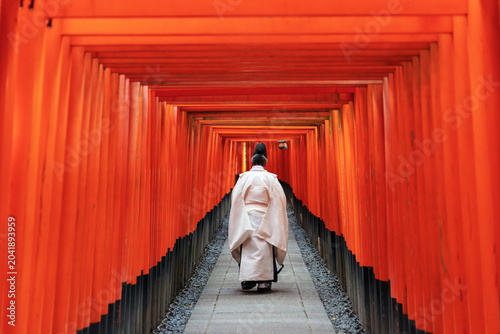 Photography Traditional Shinto priest walking alone from behind through the vibrant orange T