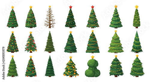 Christmas tree vector collection, 21 decorated holiday pine icons with stars and ornaments, festive evergreen fir tree set for winter celebration