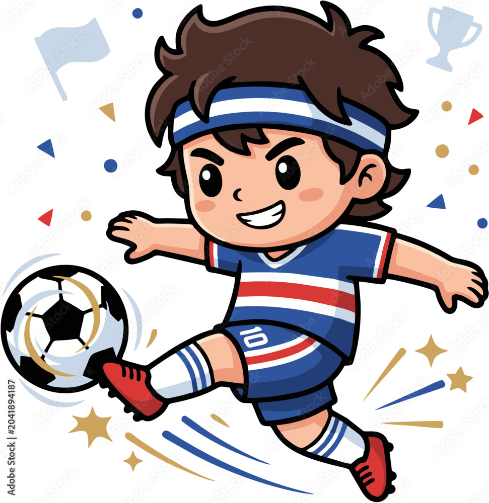 Obraz premium Cute Soccer Boy Kicking Football Cartoon Vector Illustration