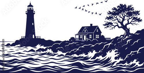 Schilderij op canvas Lighthouse and house on rocky shore with stormy sea, waves crashing, birds flying under crescent moon