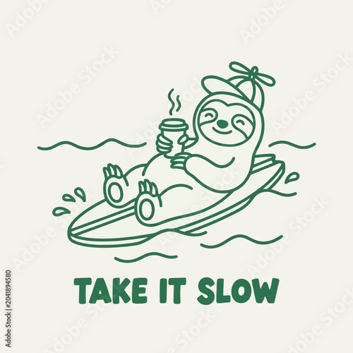 Fotografi Sloth on surfboard with coffee.