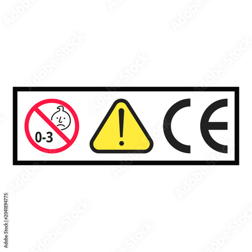 Child Age Restriction Warning and CE Mark Compliance Label Set for Toy Product Packaging Safety Regulatory Identification