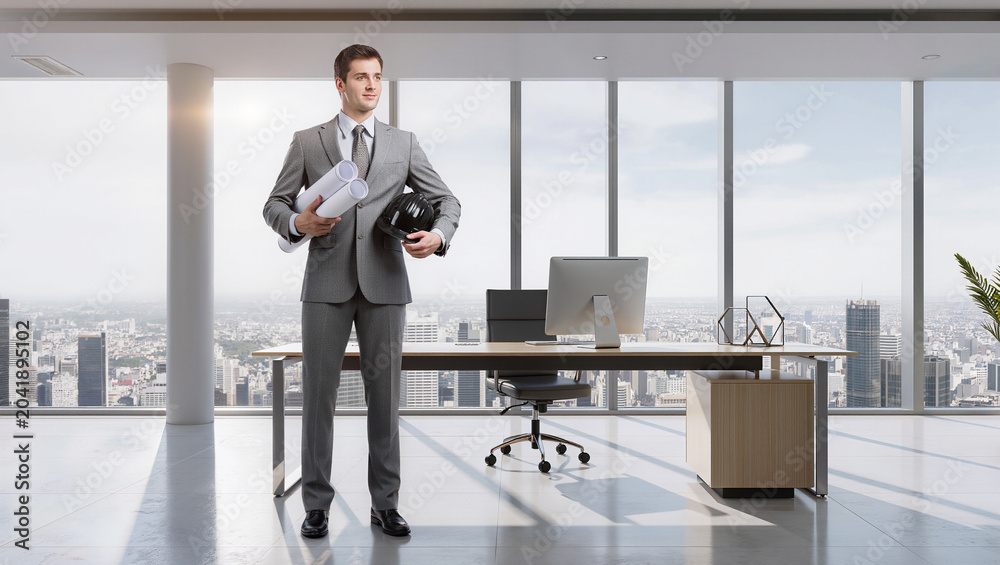 Fototapeta premium Confident Businessman with Blueprints in Modern Office with City View
