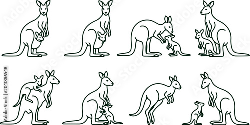 Tableau sur toile Collection of kangaroo and joey drawings in line art style, showing different family interactions and poses