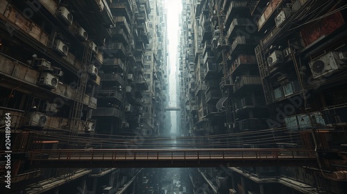 Dystopian mega city chasm with towering decaying apartment buildings and high verticality