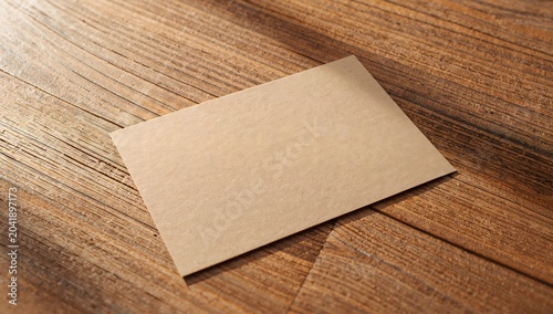 Blank kraft paper card on a wooden table with soft sunlight