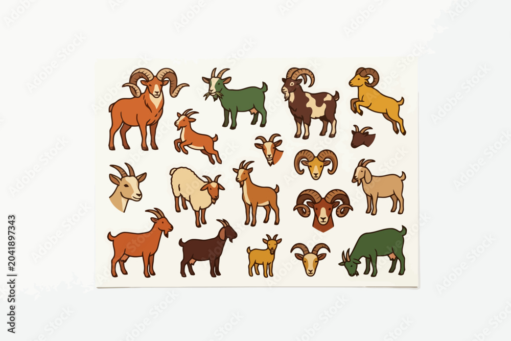 Obraz premium Goat and Ram Stickers Illustration Set on White Background
