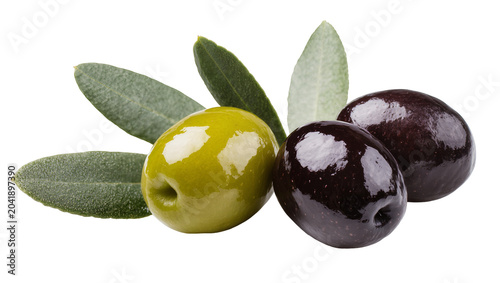 Tableau sur toile Green and black olives with leaves