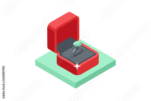 Tableau sur toile Diamond Ring in Open Red Jewelry Box Isometric Illustration