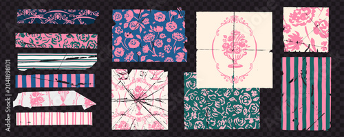 Faded paper with place for text. Different folded papers with vintage frames, patterns, flowers, frames, stripes. Cutout vintage, old, damaged paper. Message, quote box. Piece, sheet of paper for note