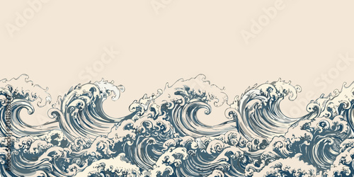 Canvastavla ocean waves illustration in retro vintage style nautical sea water wave drawing