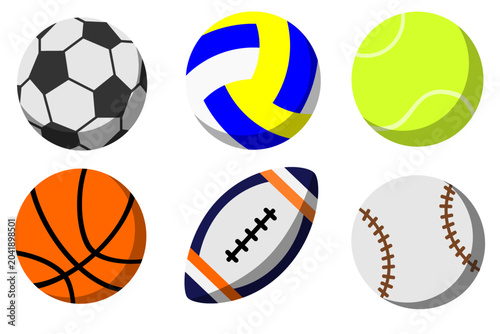 Collection of sports balls including soccer, volleyball, basketball, rugby, tennis, and baseball. Colorful sports equipment set for games and competitions.