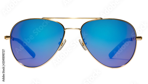 Photography Aviator sunglasses with gold frame and blue mirrored lenses