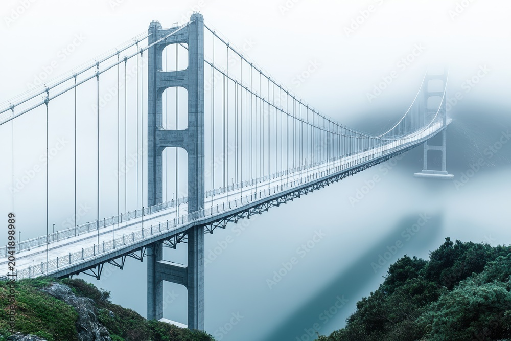 Fototapeta premium Fog covers the bridge as it stands over water on a quiet day in San Francisco Bay
