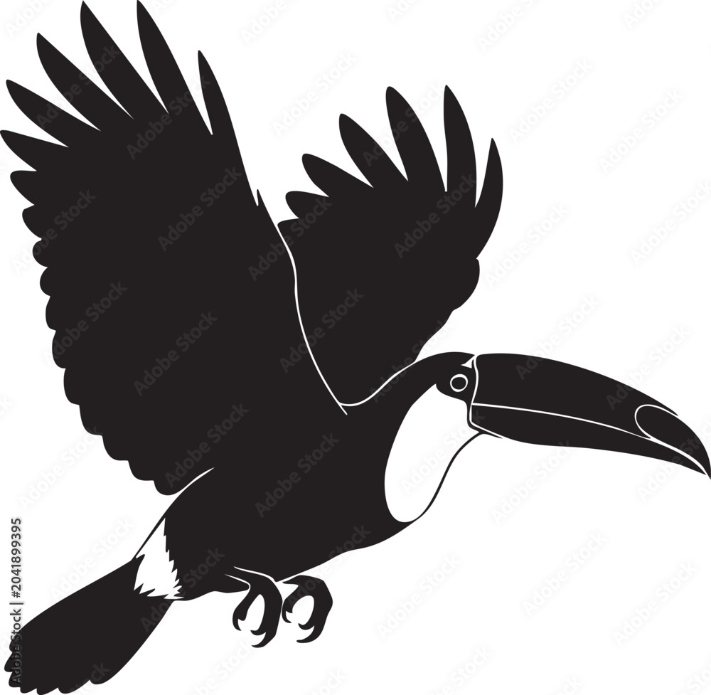 Fototapeta premium Black silhouette of a toucan bird in flight with large beak