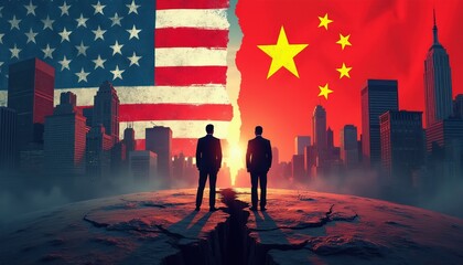 Two businessmen stand on cracked earth facing each other. Torn US and China flags loom over city skylines, symbolizing global trade war. Economic tension rises between nations.