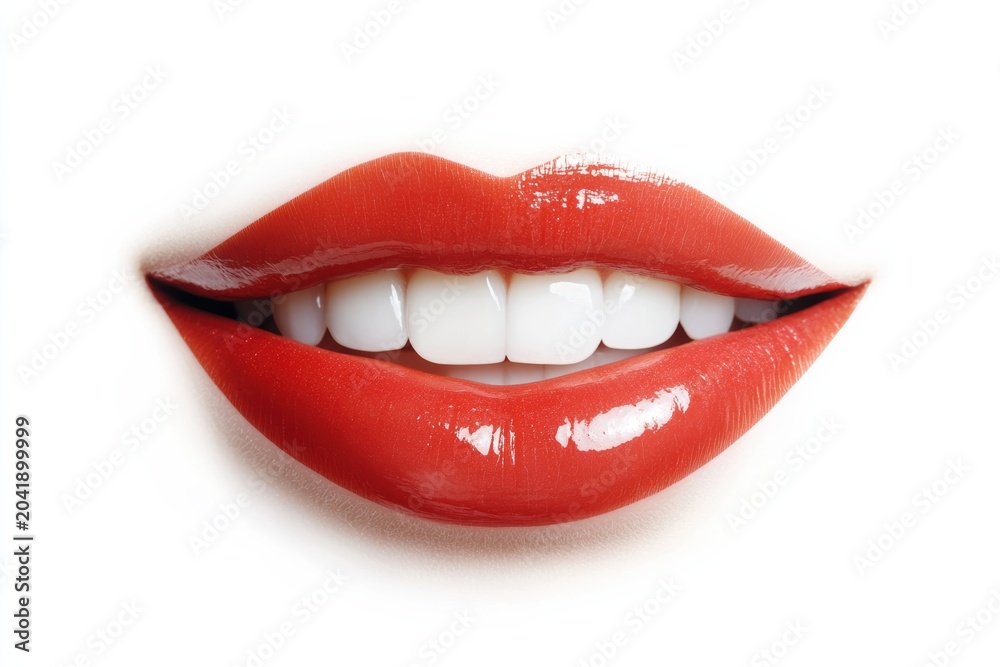 Obraz premium Bright red lips show shining white teeth in close up photo taken in a studio setting during the day