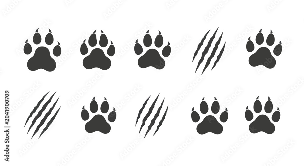 Fototapeta premium Collection of animal paw prints and claw marks in black on a white background.