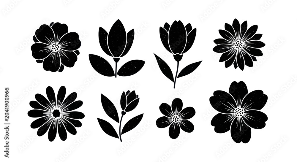 Obraz premium Collection of Black Flower Silhouettes Isolated on White Background.