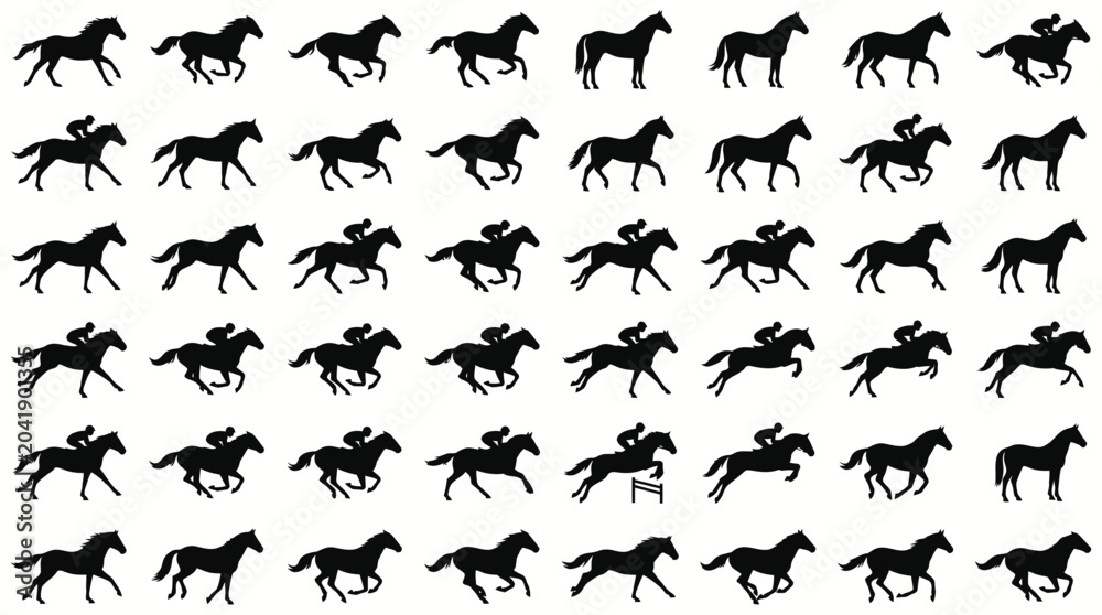 Fototapeta premium Silhouettes of horses in various running and jumping poses.
