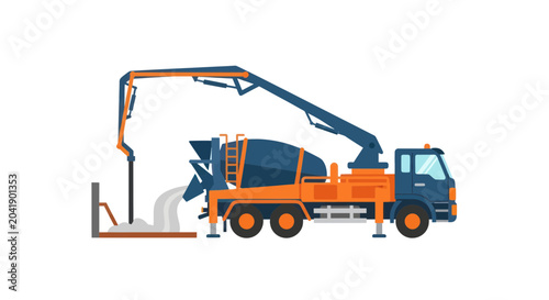 Photos Concrete Mixer Truck with Boom Pump Delivering Cement to Construction Site