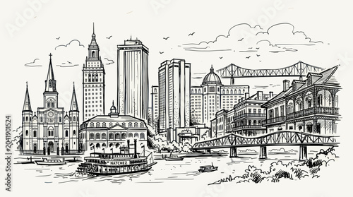New Orleans Skyline Sketch - French Quarter, Mississippi River, Steamboat