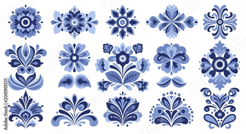 Quadro su tela Collection of blue floral ornaments in traditional folk art style