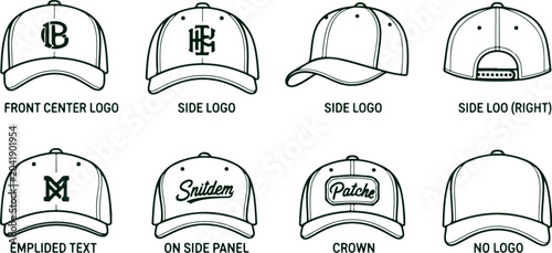 Foto Variety of baseball cap designs with different logos and text applications for branding and customization options