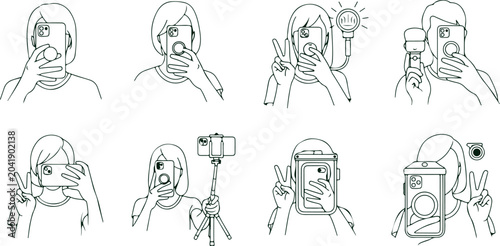 Fotografie Illustrations of people taking selfies with smartphones cameras and accessories in various poses and settings