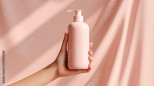 Hand holding a minimalist pink pump bottle with skincare lotion for daily hygiene routines, presenting cosmetic beauty products on a soft pastel background with shadow lines
