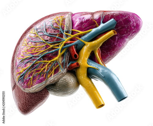 Anatomical model of the human liver medical lab 3d render scientific environment isolated on transparent background