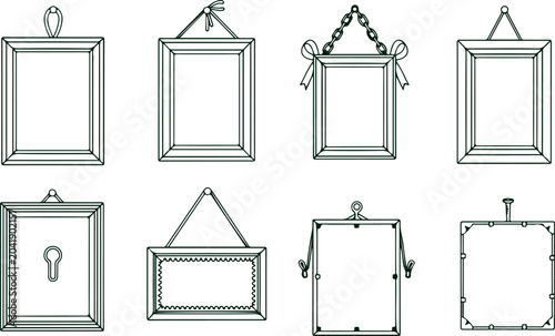 Set of decorative picture frames with unique borders and hanging mechanisms for vintage and ornate display.