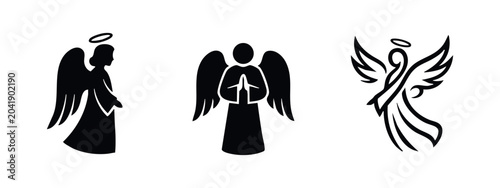 Konstfotografi Set of three black silhouette angel icons on white background