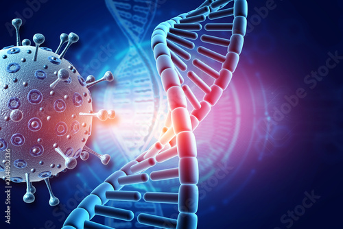 Scientific 3D rendering of microscopic virus particles and a glowing DNA helix on a blue background.