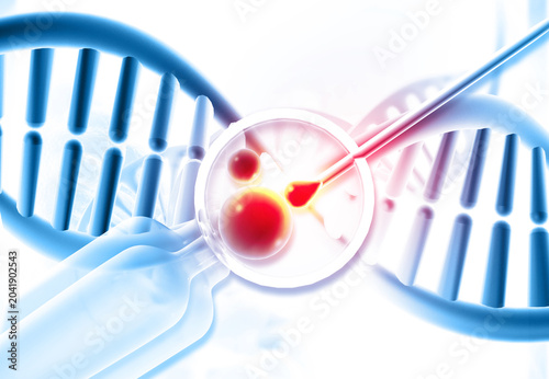 Microscopic IVF embryo fertilisation with DNA double helix strand on a blue scientific medical background. 3d illustration