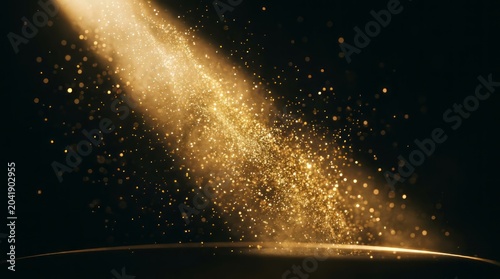 Golden dust particles illuminated by a spotlight in a dark environment, creating a magical and ethereal atmosphere