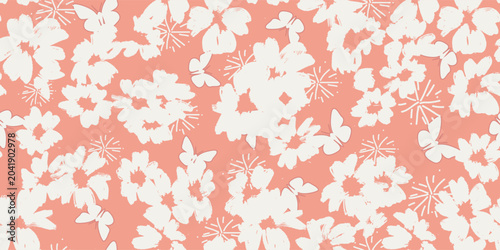 Brush stroked flowers and hidden butterflies pattern design on blush background
