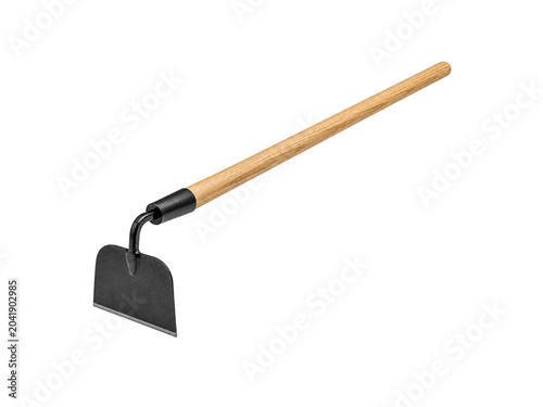 Fotografía Garden hoe with long wooden handle isolated on white background.