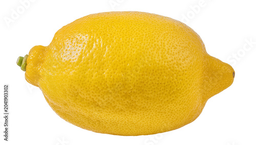 Photos Whole ripe yellow lemon with textured rind and green stem nub