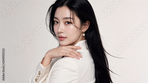 Studio beauty portrait of an elegant woman in a white blazer