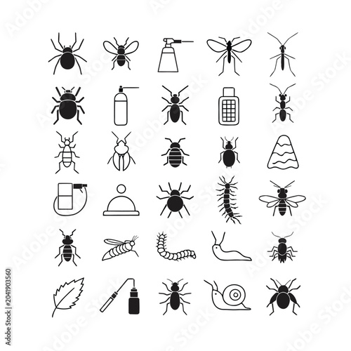 A set of thirty black silhouette icons depicting different types of common insects and pests alongside various pest control spraying equipment displayed on a white background.
