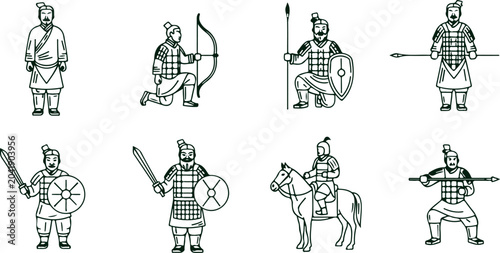 Fotografía Ancient chinese warriors in armor with weapons and shields collection for historical reenactment and fantasy game design
