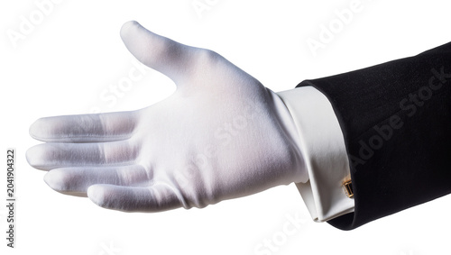 Fotografija White gloved hand in black suit offering handshake