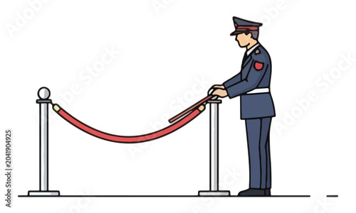 Bild auf Leinwand Security officer standing by red velvet rope barrier illustration