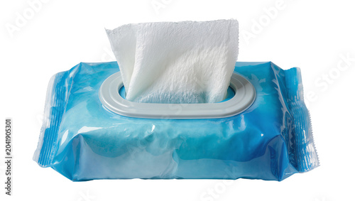 Quadro su tela Blue wet wipes package with white tissues emerging from dispenser