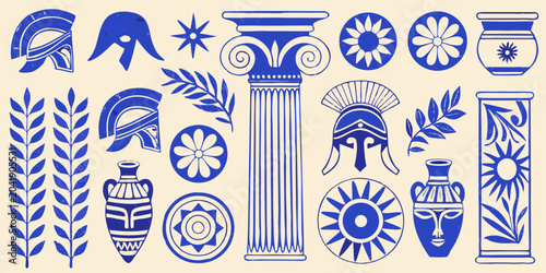 vintage greek culture icons blue silhouette on beige background column helmet urn