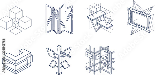 Fotografie Isometric exhibition stand wireframe construction line icons set
