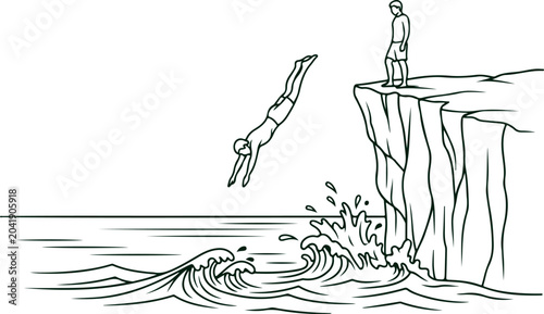 Man jumping cliff into ocean water waves adventure sport on transparent background.